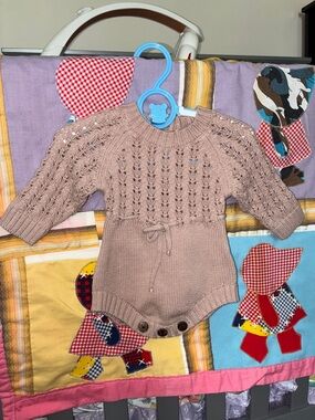 Knit Long-Sleeve Baby One-Piece Romper in Dusty Pink